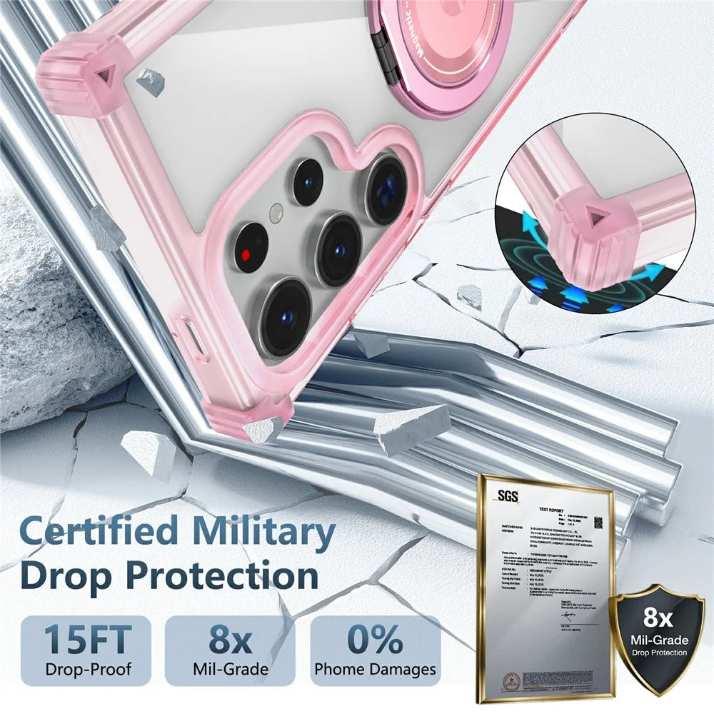 For Samsung Galaxy S23 Ultra Case PC+TPU Magnetic Phone Cover Rotation Kickstand Ring Holder - Transparent Pink - 2