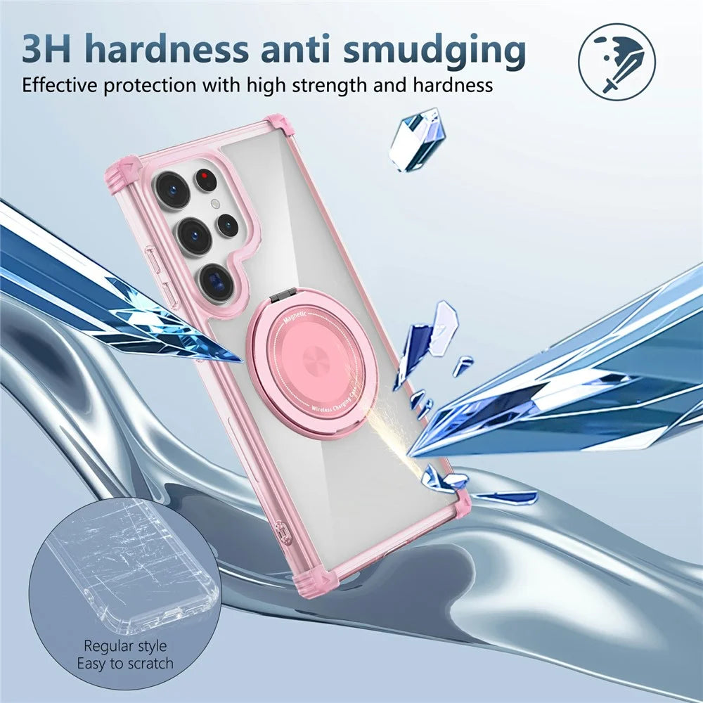 For Samsung Galaxy S23 Ultra Case PC+TPU Magnetic Phone Cover Rotation Kickstand Ring Holder - Transparent Pink - 5