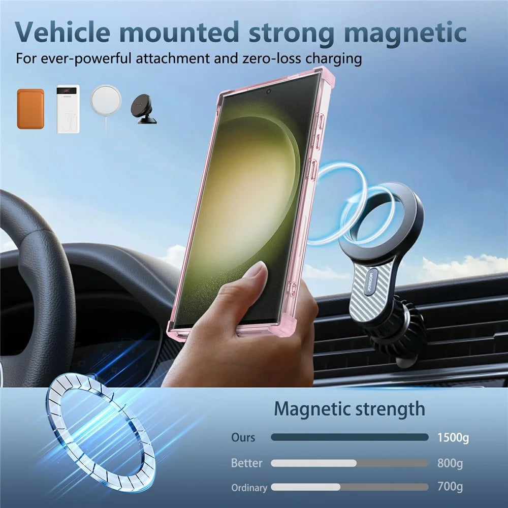 For Samsung Galaxy S23 Ultra Case PC+TPU Magnetic Phone Cover Rotation Kickstand Ring Holder - Transparent Pink - 7