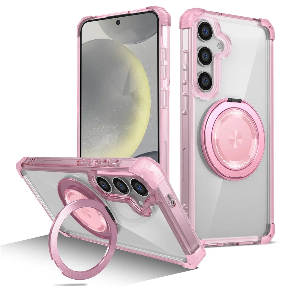 For Samsung Galaxy S24+ Magnetic Case Ring Holder PC+TPU Military Grade Protective Phone Cover - Transparent Pink - 1