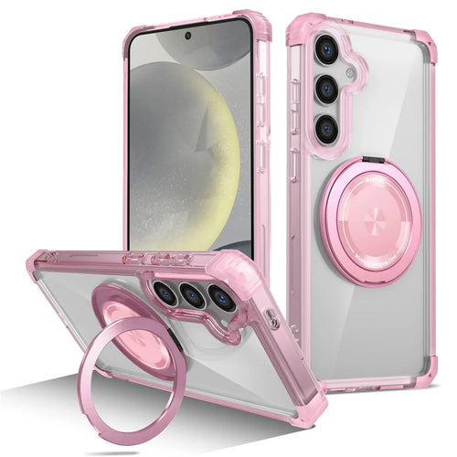 For Samsung Galaxy S24+ Magnetic Case Ring Holder PC+TPU Military Grade Protective Phone Cover - Transparent Pink - 1