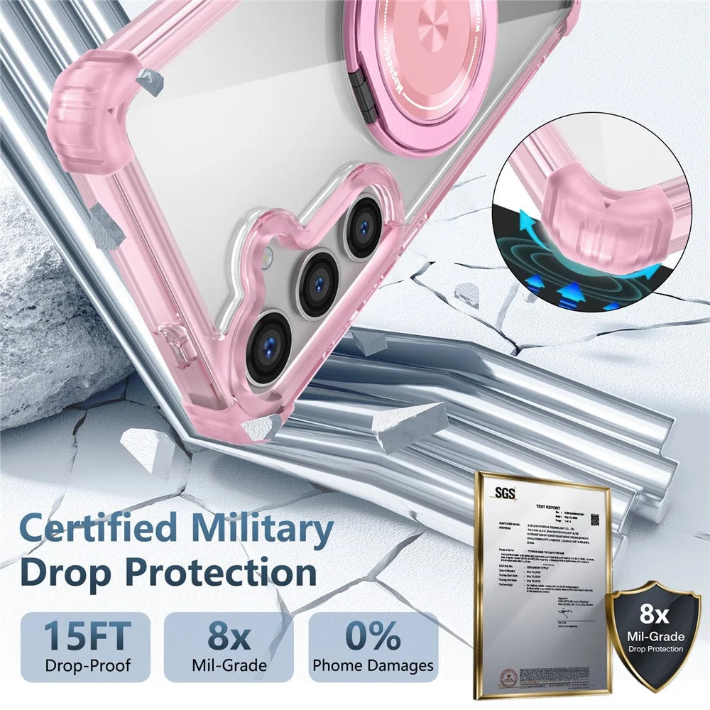 For Samsung Galaxy S24+ Magnetic Case Ring Holder PC+TPU Military Grade Protective Phone Cover - Transparent Pink - 2