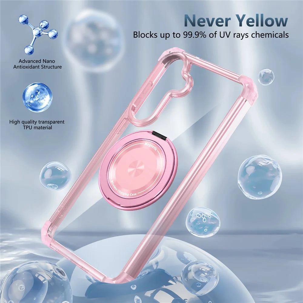 For Samsung Galaxy S24+ Magnetic Case Ring Holder PC+TPU Military Grade Protective Phone Cover - Transparent Pink - 3
