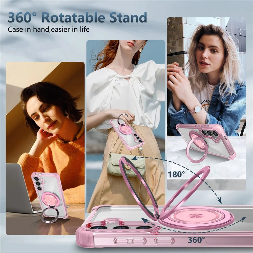 For Samsung Galaxy S24+ Magnetic Case Ring Holder PC+TPU Military Grade Protective Phone Cover - Transparent Pink - 4