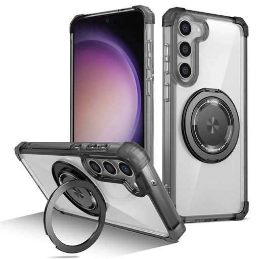 For Samsung Galaxy S23+ Case Magnetic Case Ring Holder PC+TPU Phone Cover - Transparent Black - 1
