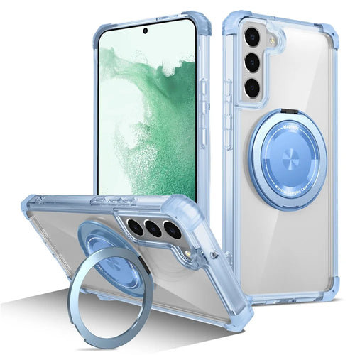 For Samsung Galaxy S22+ 5G Case PC+TPU Phone Cover Magnetic Ring Holder Kickstand - Transparent Blue - 1