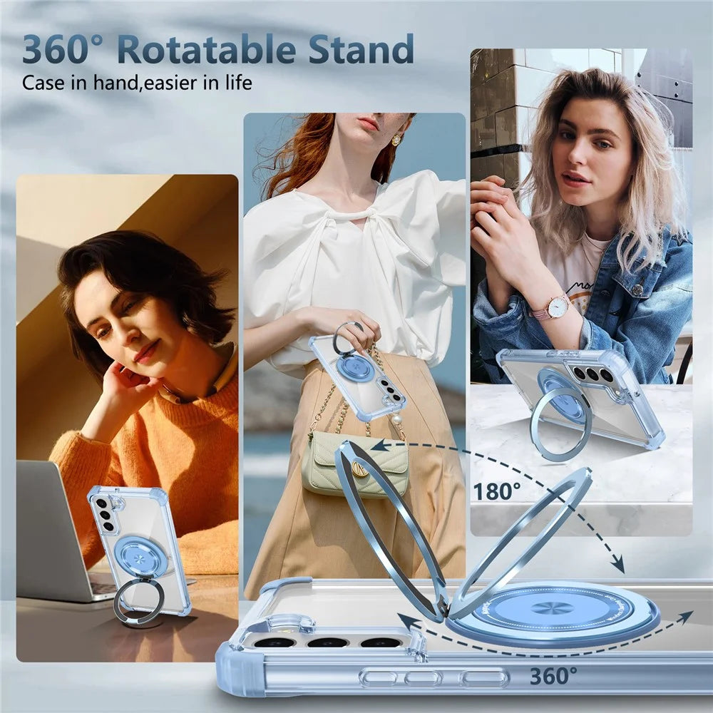 For Samsung Galaxy S22+ 5G Case PC+TPU Phone Cover Magnetic Ring Holder Kickstand - Transparent Blue - 4