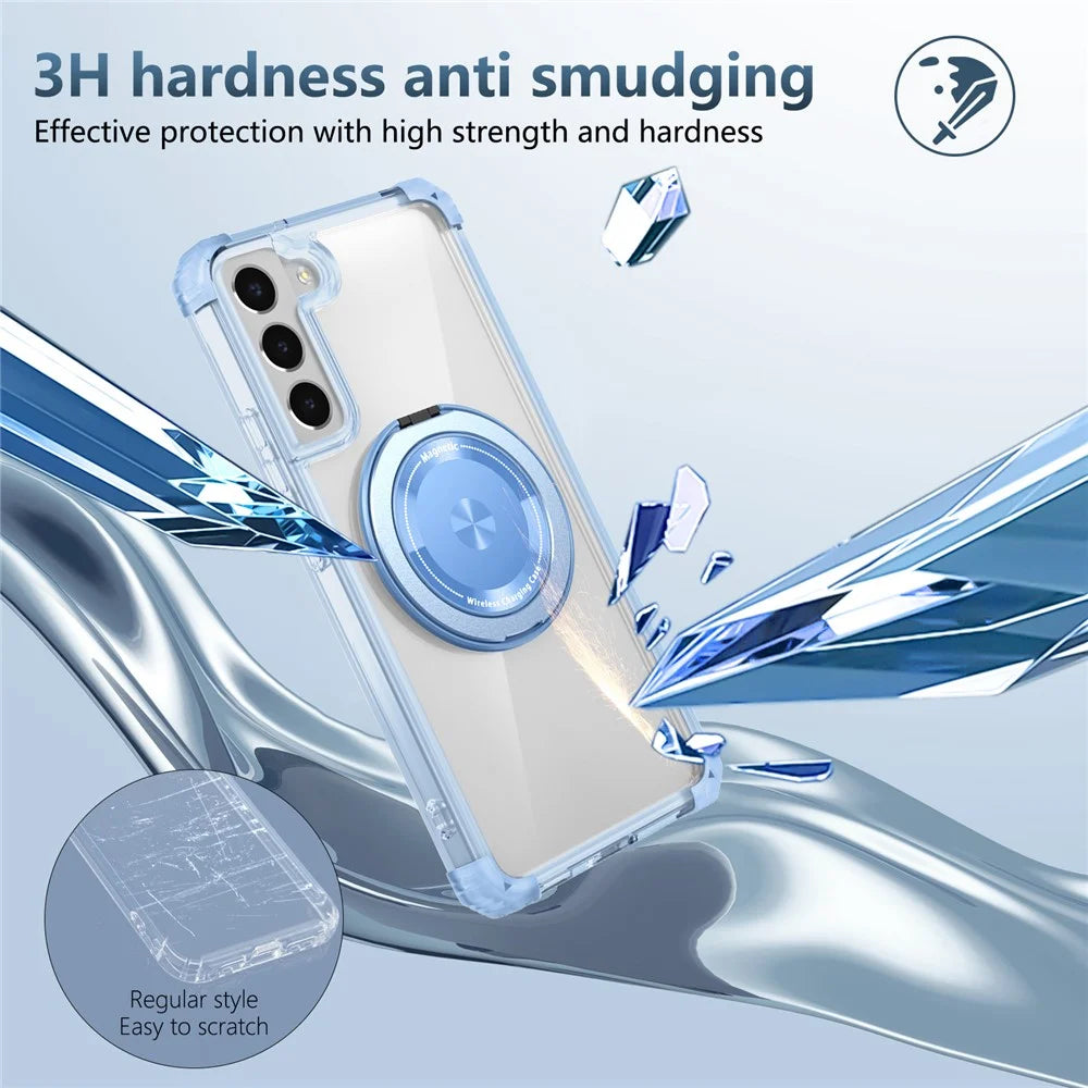 For Samsung Galaxy S22+ 5G Case PC+TPU Phone Cover Magnetic Ring Holder Kickstand - Transparent Blue - 5