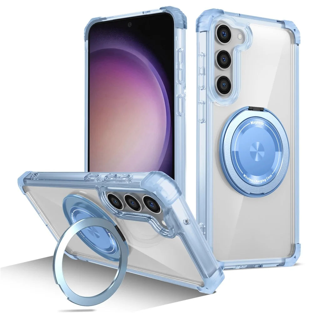 For Samsung Galaxy S23 Case  Magnetic Finger Grip Kickstand PC+TPU Clear Phone Cover - Transparent Blue - 1