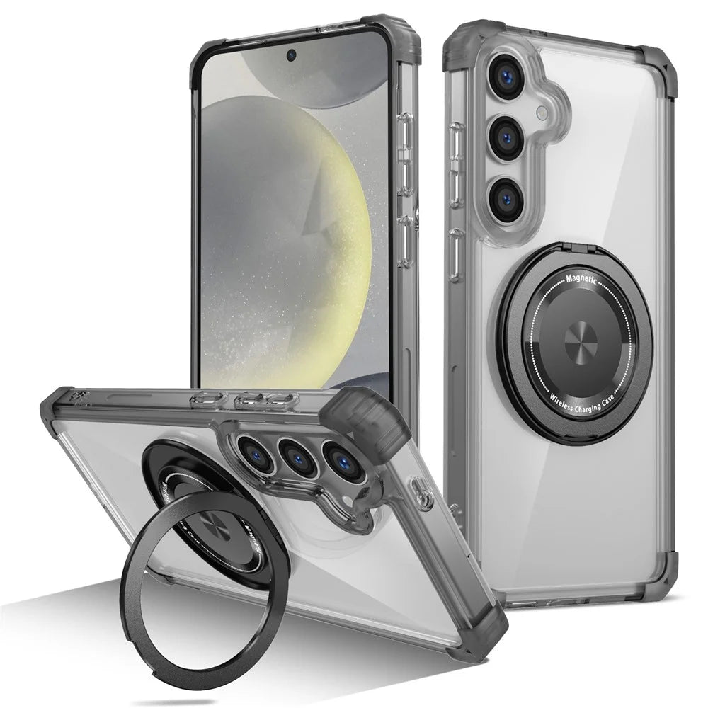 For Samsung Galaxy S24 Magnetic Case PC+TPU Phone Cover Kickstand - Transparent Black - 1