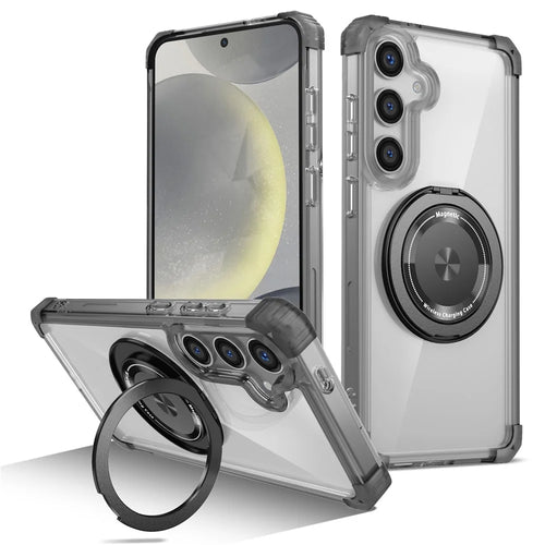 For Samsung Galaxy S24 Magnetic Case PC+TPU Phone Cover Kickstand - Transparent Black - 1