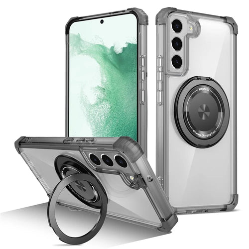 For Samsung Galaxy S22 5G Magnetic Case Rotatable Kickstand PC+TPU Shockproof Phone Cover - Transparent Black - 1