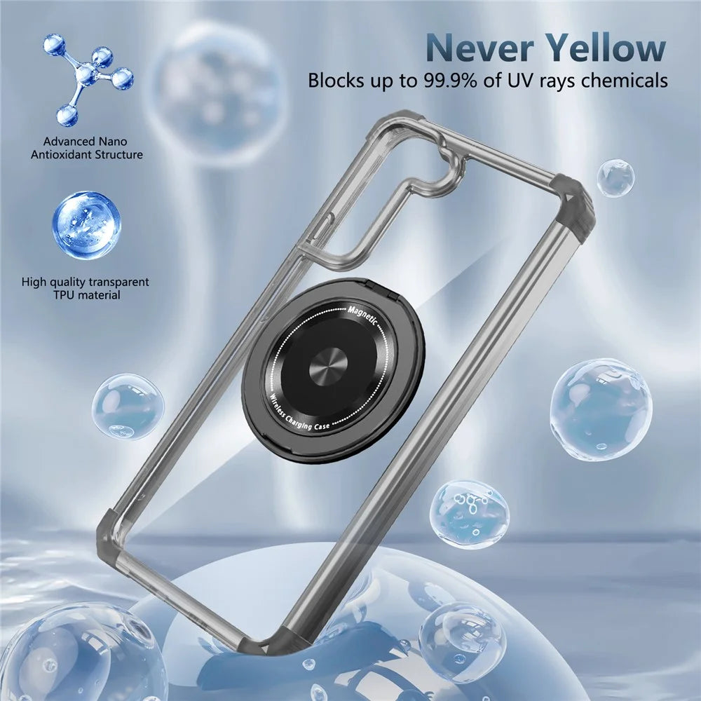 For Samsung Galaxy S22 5G Magnetic Case Rotatable Kickstand PC+TPU Shockproof Phone Cover - Transparent Black - 3