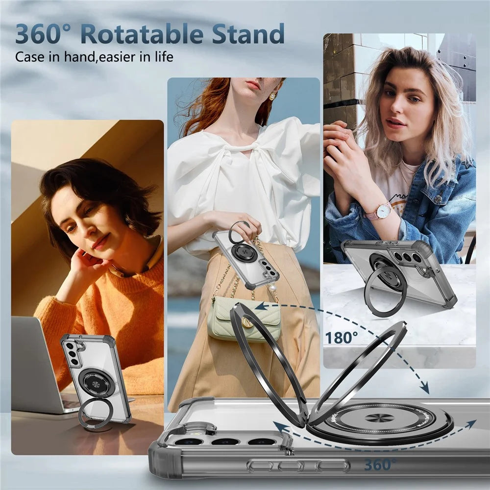 For Samsung Galaxy S22 5G Magnetic Case Rotatable Kickstand PC+TPU Shockproof Phone Cover - Transparent Black - 4