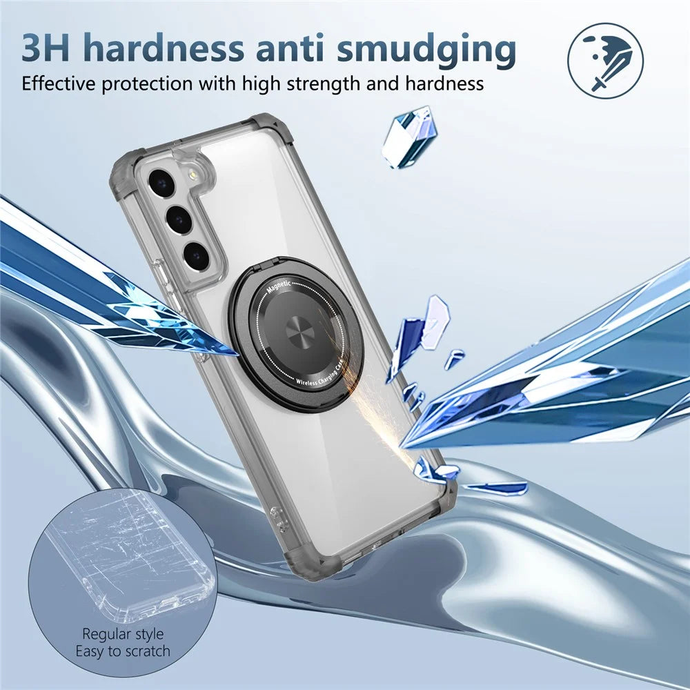 For Samsung Galaxy S22 5G Magnetic Case Rotatable Kickstand PC+TPU Shockproof Phone Cover - Transparent Black - 5