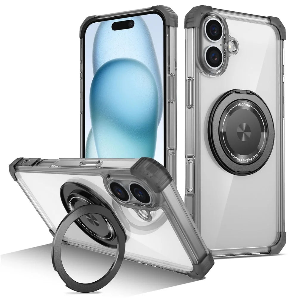 For iPhone 16 Case PC+TPU Phone Cover Rotating Magnetic Ring Holder Kickstand - Transparent Black - 1