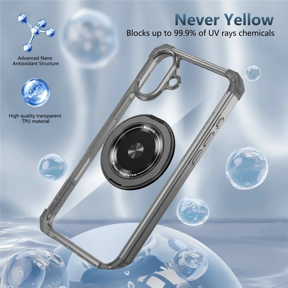For iPhone 16 Case PC+TPU Phone Cover Rotating Magnetic Ring Holder Kickstand - Transparent Black - 3