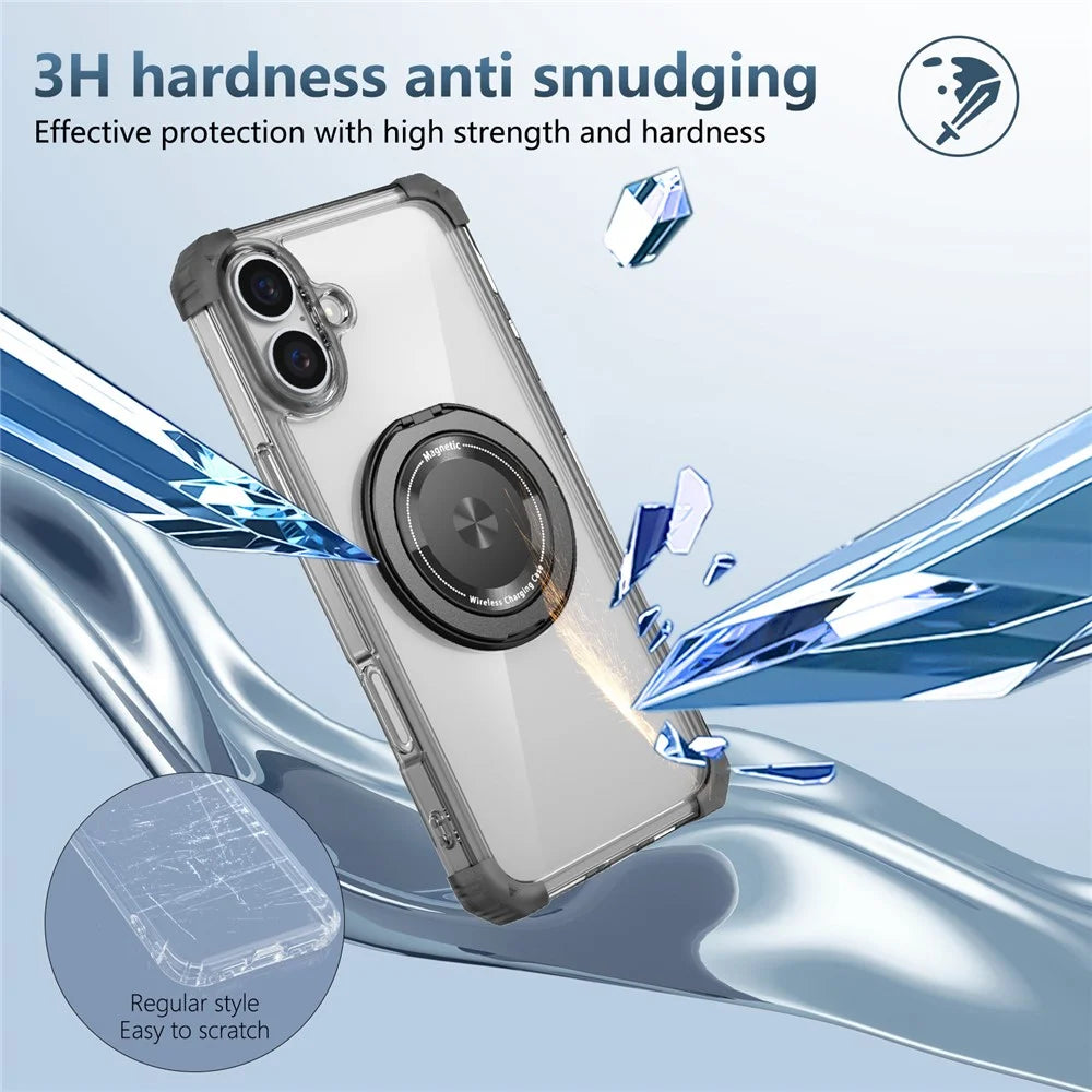 For iPhone 16 Case PC+TPU Phone Cover Rotating Magnetic Ring Holder Kickstand - Transparent Black - 5