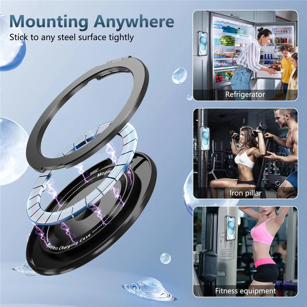 For iPhone 16 Case PC+TPU Phone Cover Rotating Magnetic Ring Holder Kickstand - Transparent Black - 6