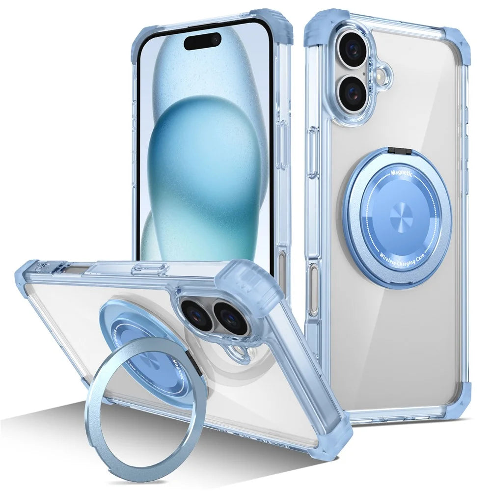 For iPhone 16 Plus Case Compatible with MagSafe Rotating Kickstand PC+TPU Phone Cover Military Shockproof - Transparent Blue - 1