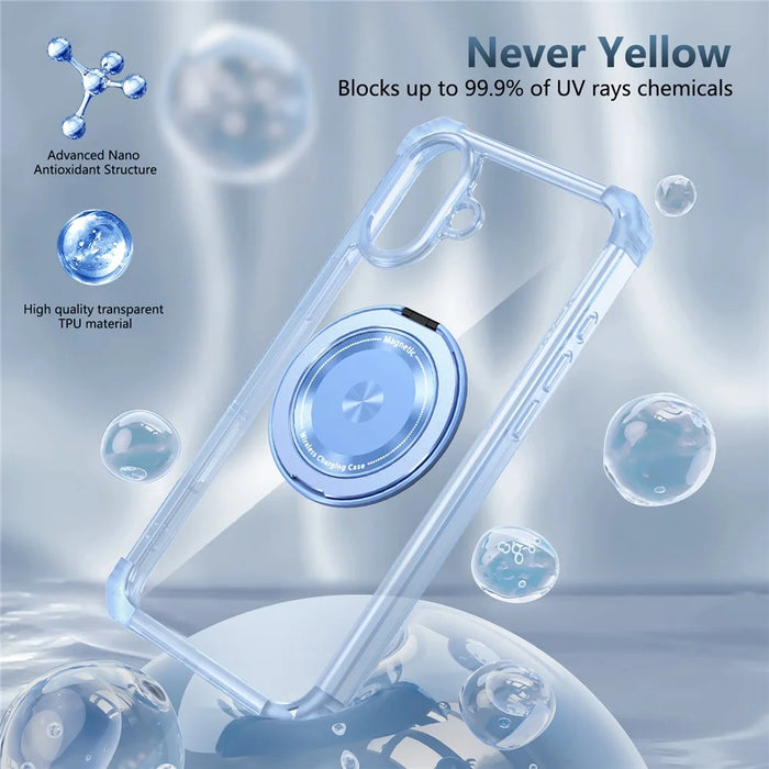 For iPhone 16 Plus Case Compatible with MagSafe Rotating Kickstand PC+TPU Phone Cover Military Shockproof - Transparent Blue - 3