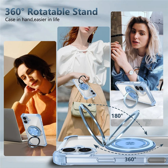For iPhone 16 Plus Case Compatible with MagSafe Rotating Kickstand PC+TPU Phone Cover Military Shockproof - Transparent Blue - 4