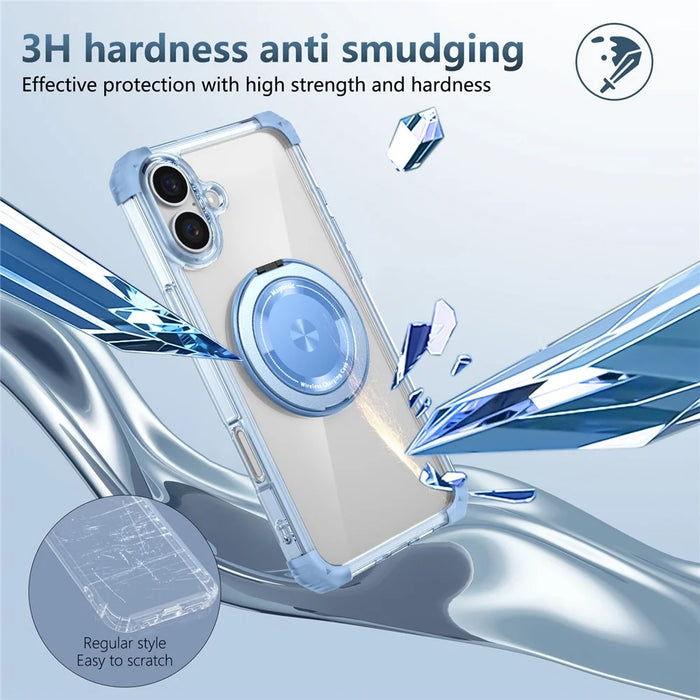 For iPhone 16 Plus Case Compatible with MagSafe Rotating Kickstand PC+TPU Phone Cover Military Shockproof - Transparent Blue - 5