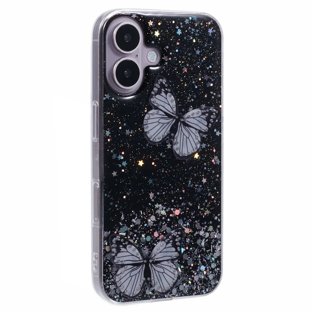 AW Series For iPhone 16 Case Glitter Bling PVC Butterfly TPU Shockproof Phone Cover - Black - 1