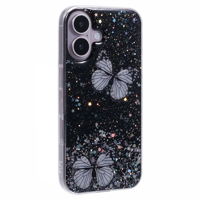 AW Series For iPhone 16 Case Glitter Bling PVC Butterfly TPU Shockproof Phone Cover - Black - 1