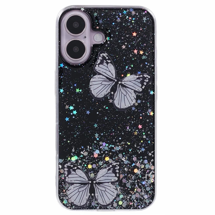 AW Series For iPhone 16 Case Glitter Bling PVC Butterfly TPU Shockproof Phone Cover - Black - 3