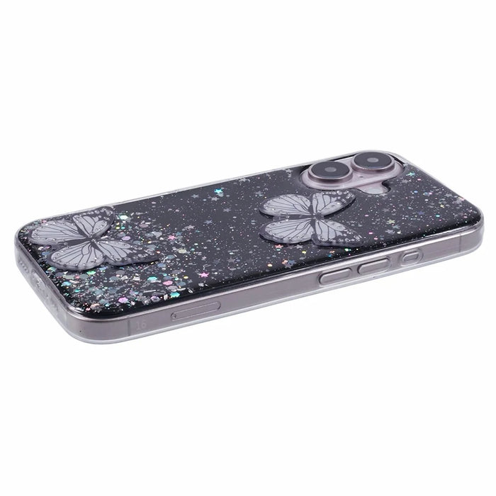 AW Series For iPhone 16 Case Glitter Bling PVC Butterfly TPU Shockproof Phone Cover - Black - 5