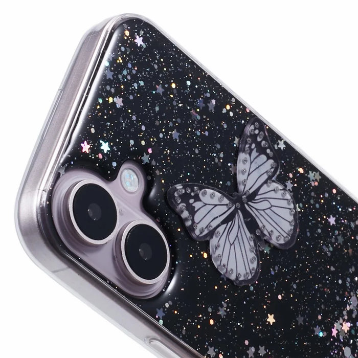 AW Series For iPhone 16 Case Glitter Bling PVC Butterfly TPU Shockproof Phone Cover - Black - 6