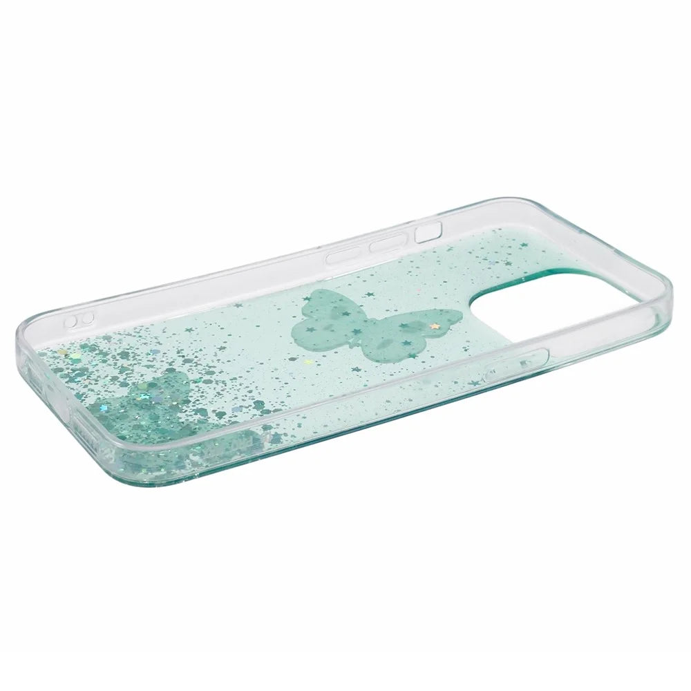 AW Series For iPhone 16 Pro Case Epoxy 3D Butterfly TPU Sparkly Glitter Star Phone Cover - Green - 5
