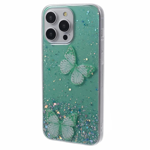 AW Series For iPhone 16 Pro Max Case Cute Glitter Epoxy Butterfly TPU Phone Cover - Green - 1