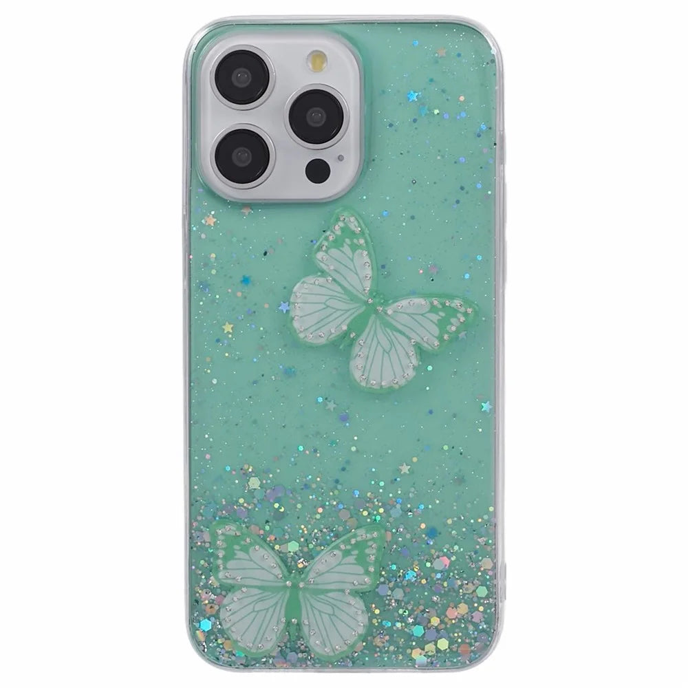 AW Series For iPhone 16 Pro Max Case Cute Glitter Epoxy Butterfly TPU Phone Cover - Green - 3