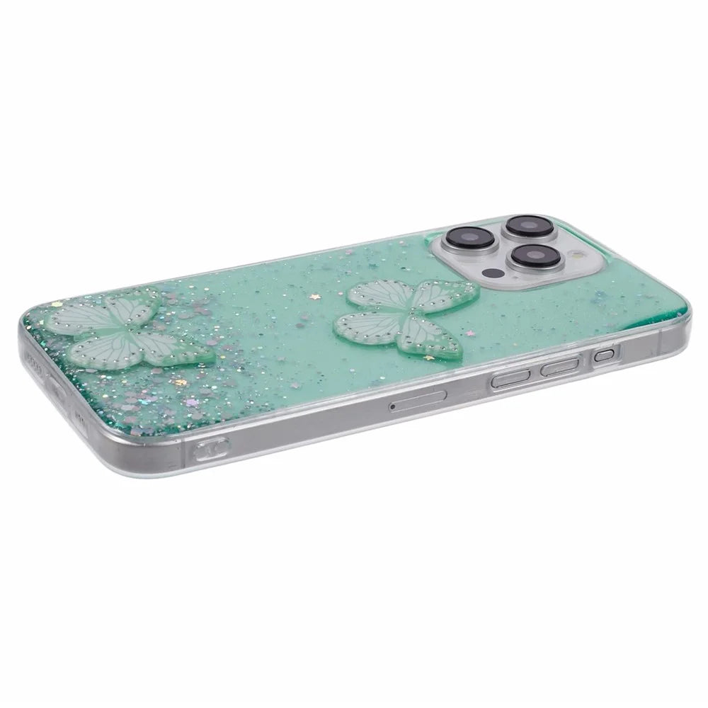 AW Series For iPhone 16 Pro Max Case Cute Glitter Epoxy Butterfly TPU Phone Cover - Green - 4