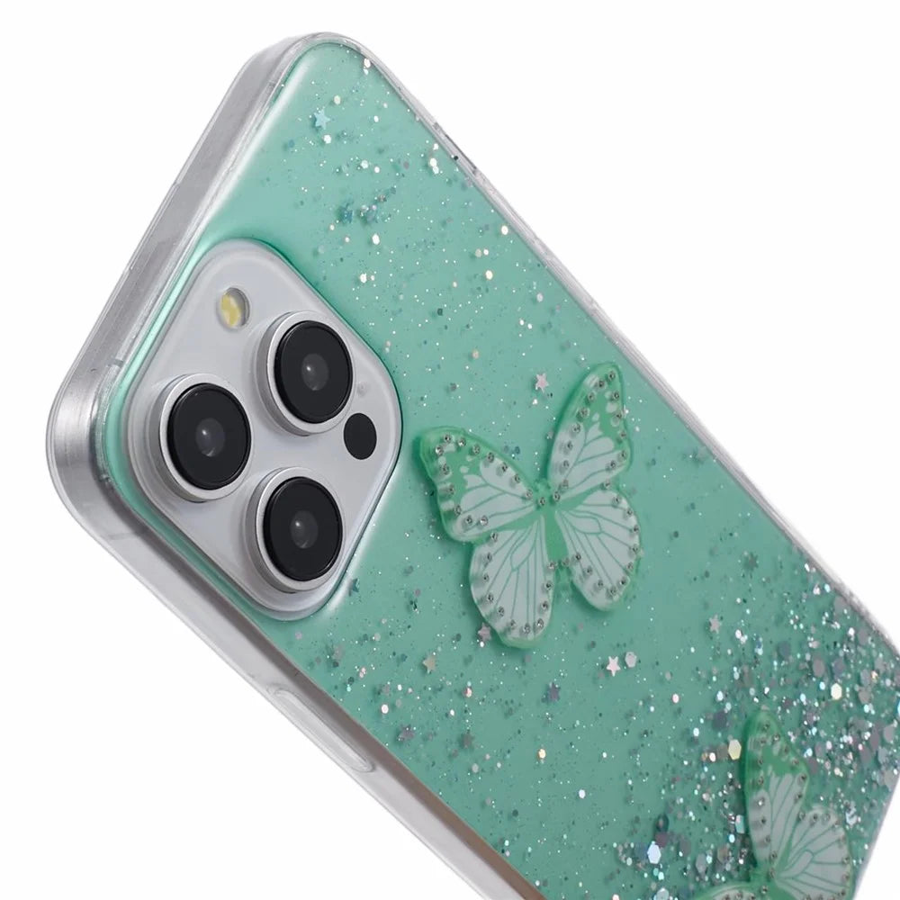 AW Series For iPhone 16 Pro Max Case Cute Glitter Epoxy Butterfly TPU Phone Cover - Green - 6