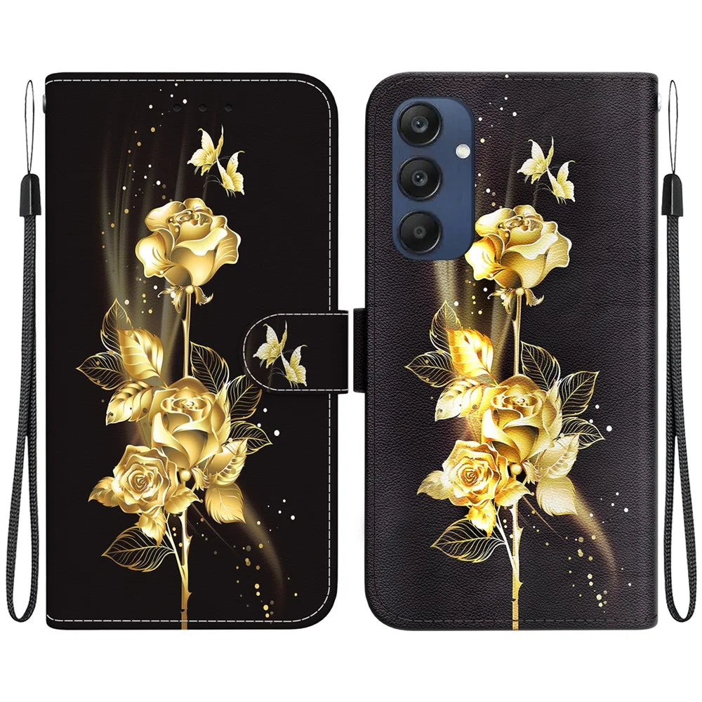 For Samsung Galaxy M35 5G Case Leather Wallet Phone Cover Pattern Printing - Gold Butterfly Rose - 1