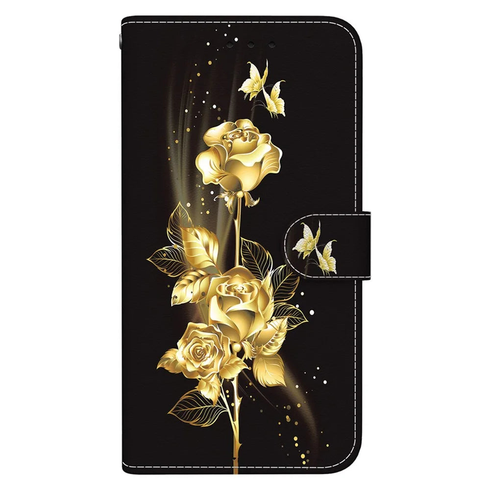 For Samsung Galaxy M35 5G Case Leather Wallet Phone Cover Pattern Printing - Gold Butterfly Rose - 7