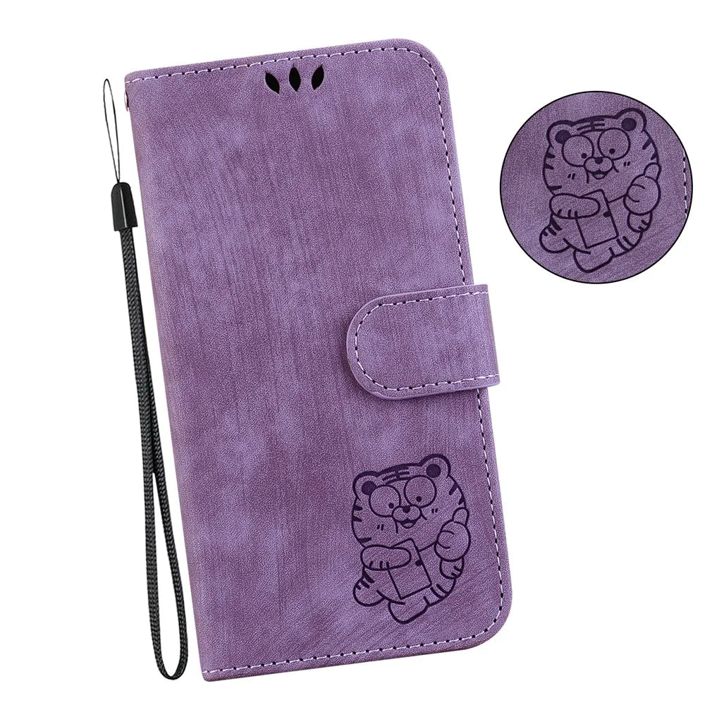 For Samsung Galaxy M35 5G Wallet Case Leather Phone Cover Cute Tiger Imprint - Purple - 5