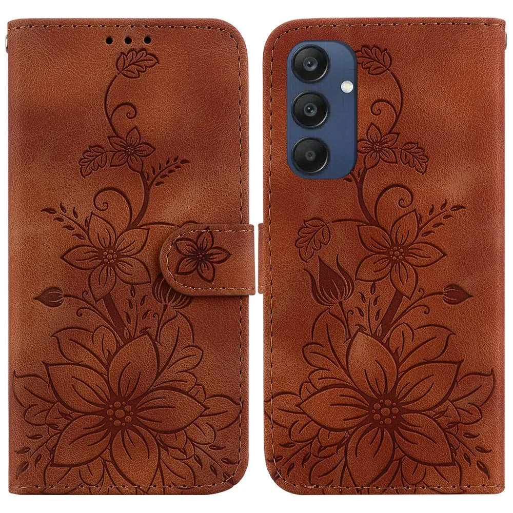 For Samsung Galaxy M35 5G Stand Case Lily Flower Imprint Leather Phone Cover - Brown - 1