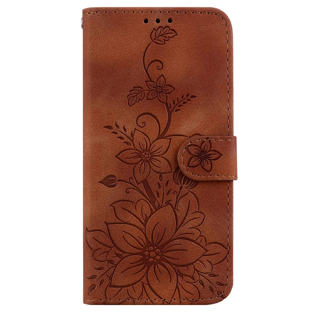 For Samsung Galaxy M35 5G Stand Case Lily Flower Imprint Leather Phone Cover - Brown - 6