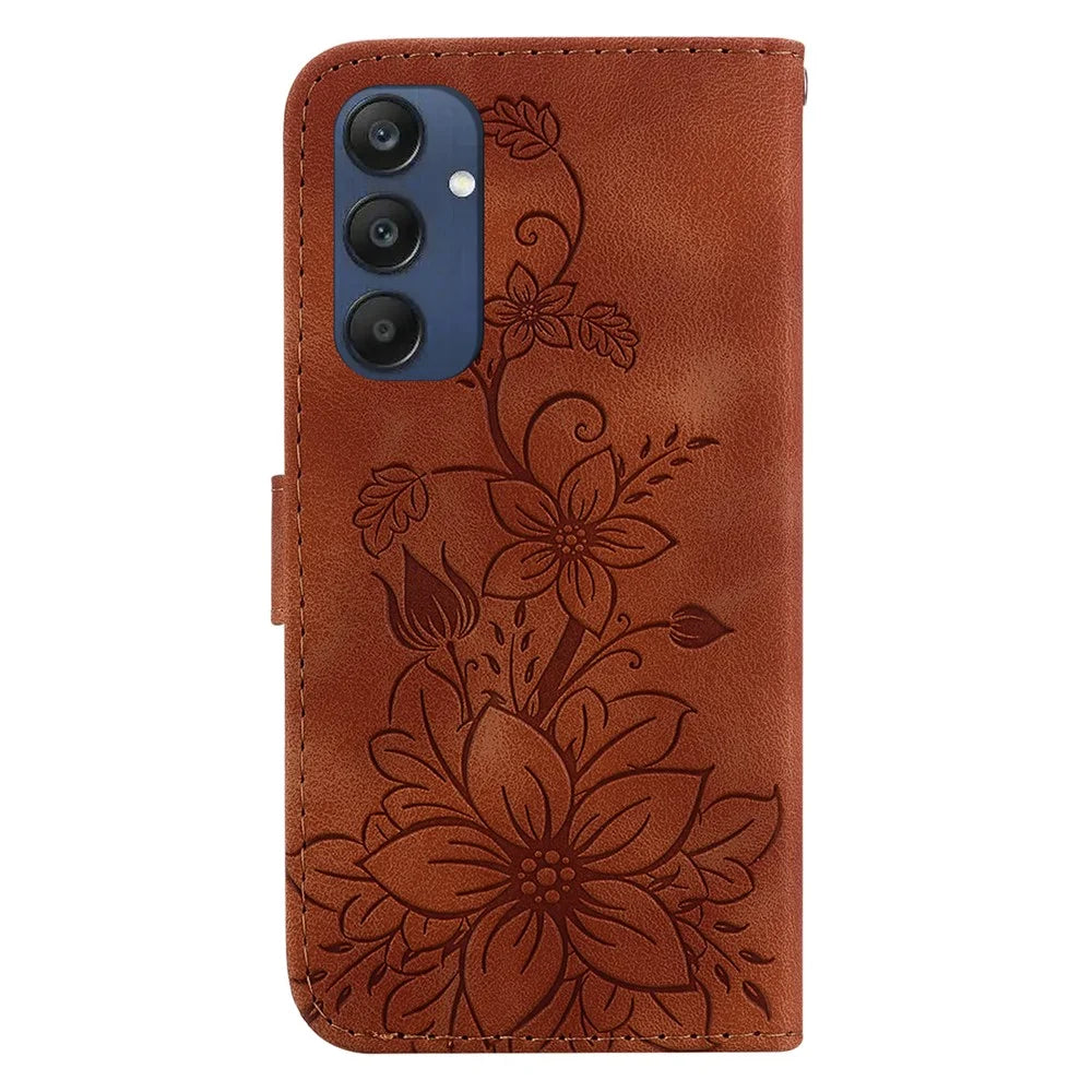 For Samsung Galaxy M35 5G Stand Case Lily Flower Imprint Leather Phone Cover - Brown - 7