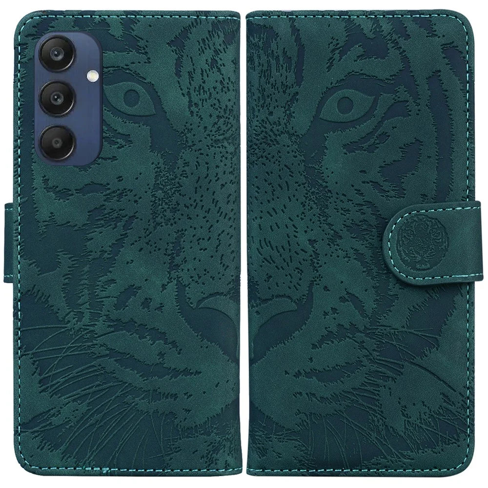 For Samsung Galaxy M35 5G Phone Case Leather Wallet Cover Tiger Imprint - Green - 1