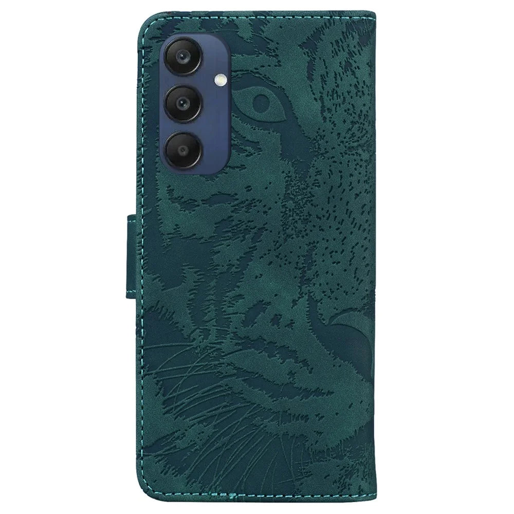 For Samsung Galaxy M35 5G Phone Case Leather Wallet Cover Tiger Imprint - Green - 7