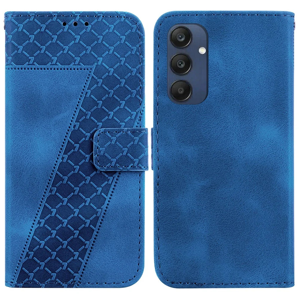For Samsung Galaxy M35 5G Case 7-Shaped Pattern Imprint Leather Phone Cover - Dark Blue - 1