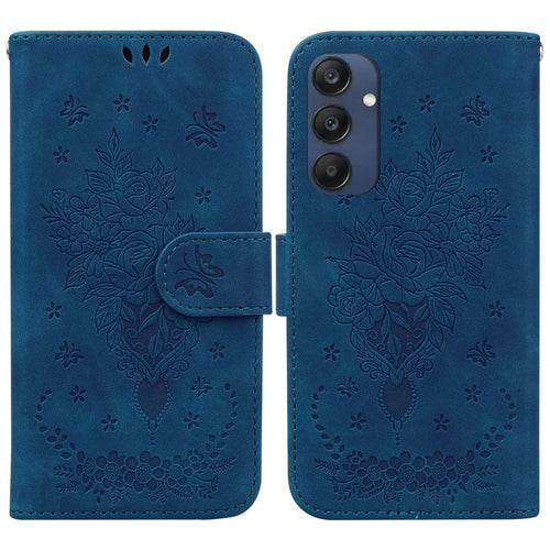 For Samsung Galaxy M35 5G Case Butterfly Flower Imprint PU Leather Wallet Phone Cover - Blue - 1