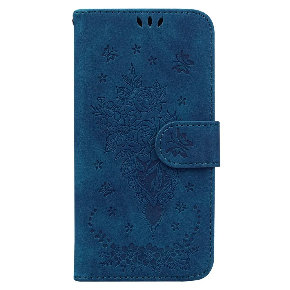 For Samsung Galaxy M35 5G Case Butterfly Flower Imprint PU Leather Wallet Phone Cover - Blue - 6