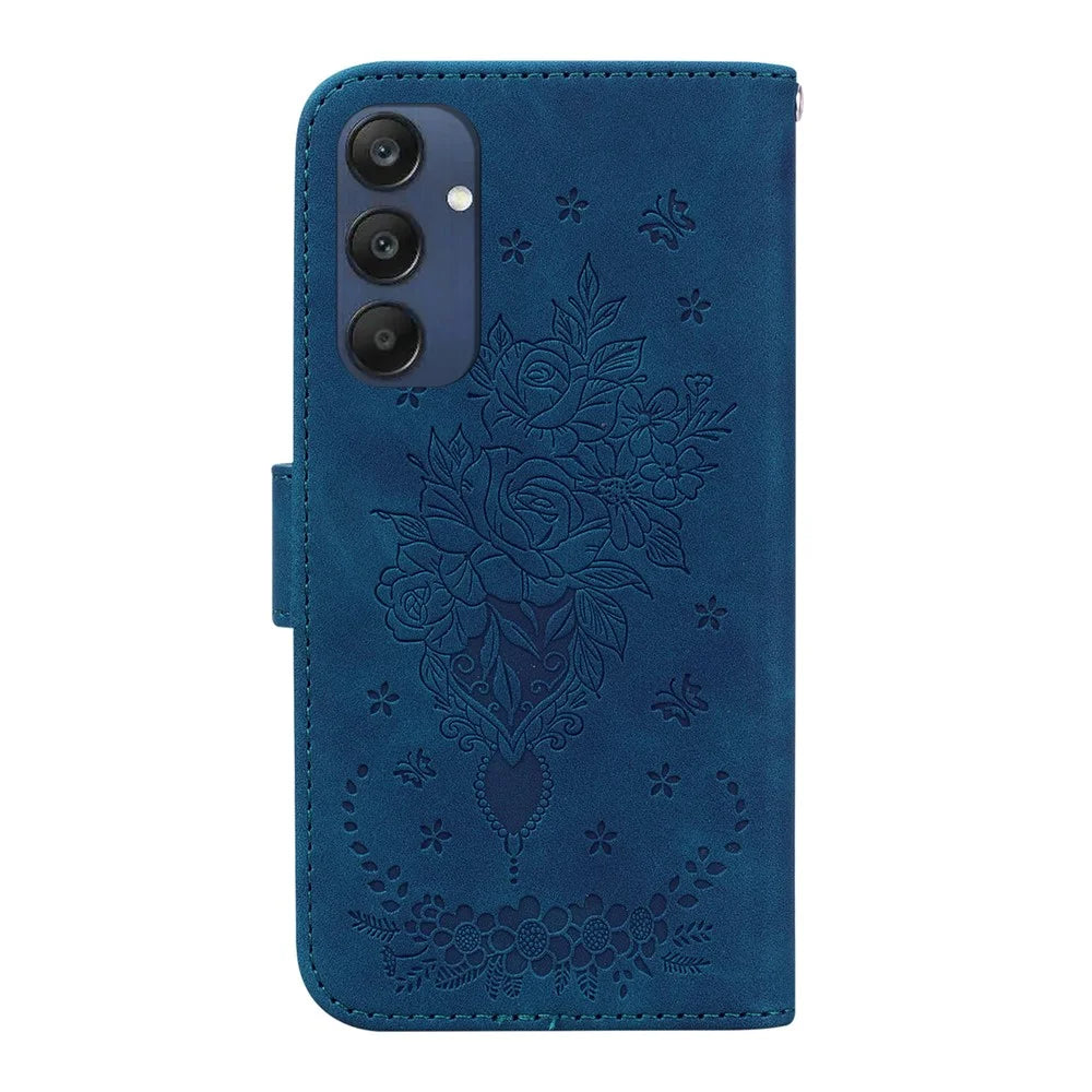 For Samsung Galaxy M35 5G Case Butterfly Flower Imprint PU Leather Wallet Phone Cover - Blue - 7