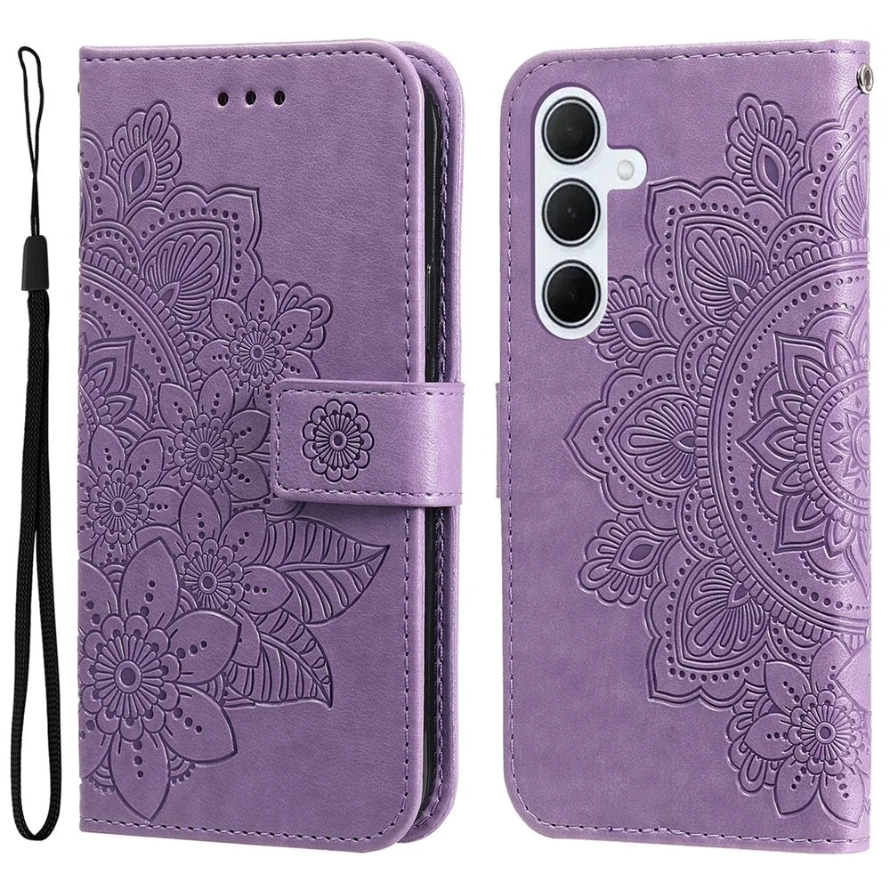 For Samsung Galaxy M35 5G Case Floral Pattern PU Leather Wallet Stand Phone Cover - Purple - 1
